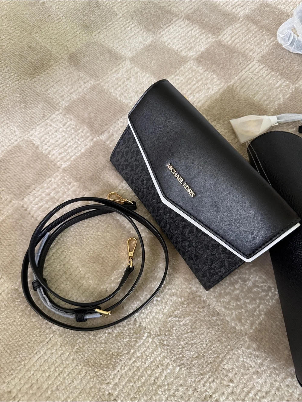 Michael Kors Women’s Black Logo Tote 3-Piece Set Zip Gold Hardware Pouch Strap
